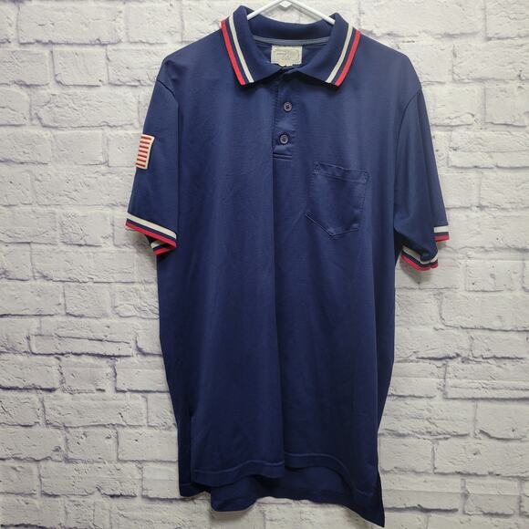 Vintage Honigs Whistle Stop Blue Polo Shirt Size XL American Flag Patch Navy - Picture 1 of 10